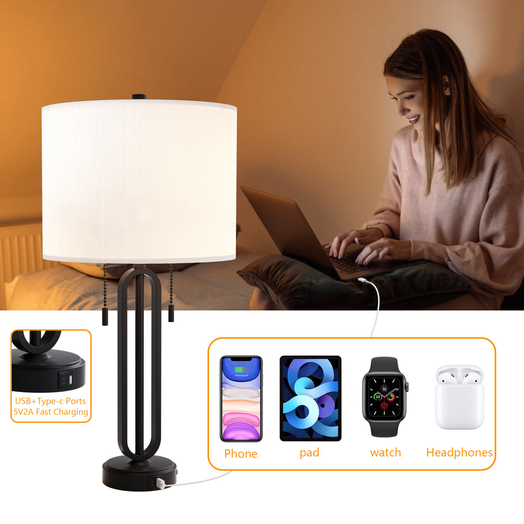 26.5'' Traditional Black Metal Table Lamp With USB For Living Room/Bedroom (Set of 2) #T238