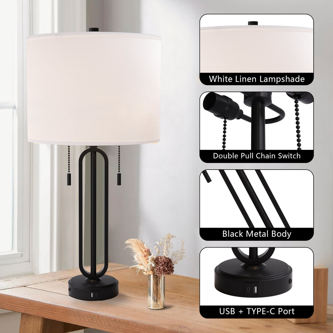 26.5'' Traditional Black Metal Table Lamp With Usb For Living Room/Bedroom (Set of 2)