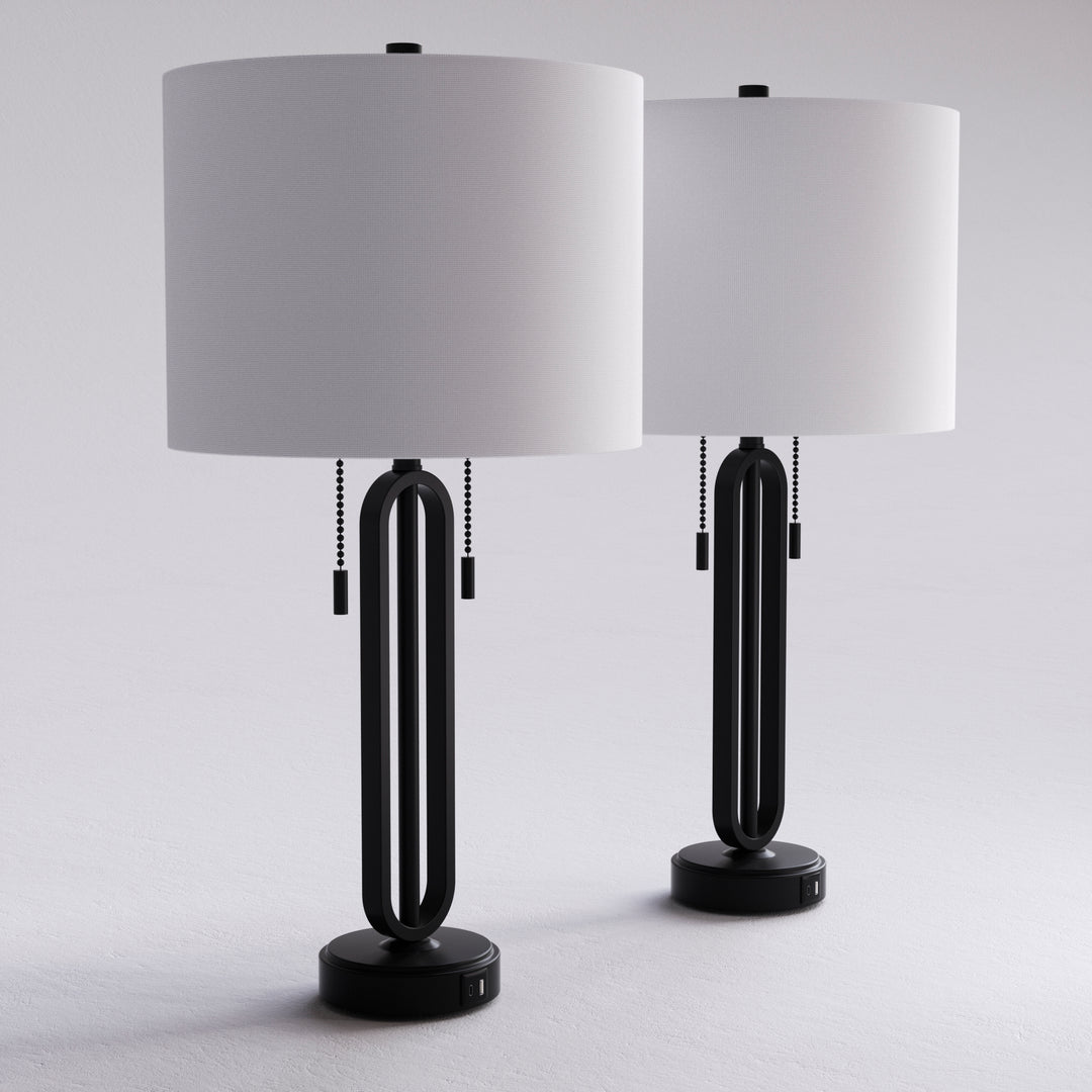 26.5'' Traditional Black Metal Table Lamp With Usb For Living Room/Bedroom (Set of 2)