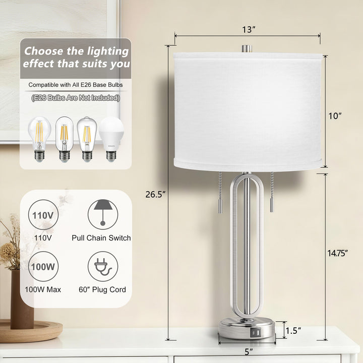 26.5'' Traditional Black Metal Table Lamp With USB For Living Room/Bedroom (Set of 2) #T238