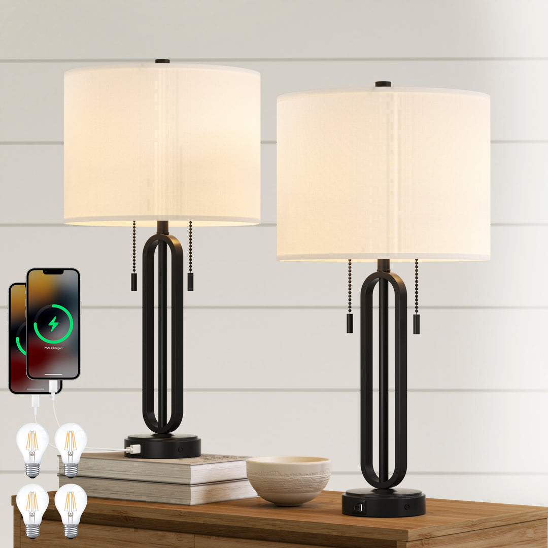 26.5'' Traditional Black Metal Table Lamp With USB For Living Room/Bedroom (Set of 2) #T238