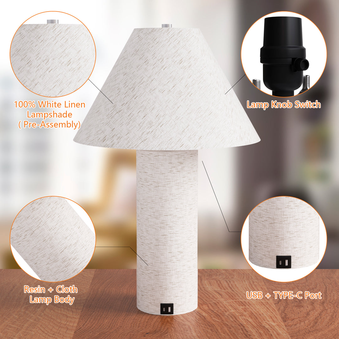 22.75'' White Resin-Wrapped Fabric Table Lamp With USB For Living Room/Bedroom #T239