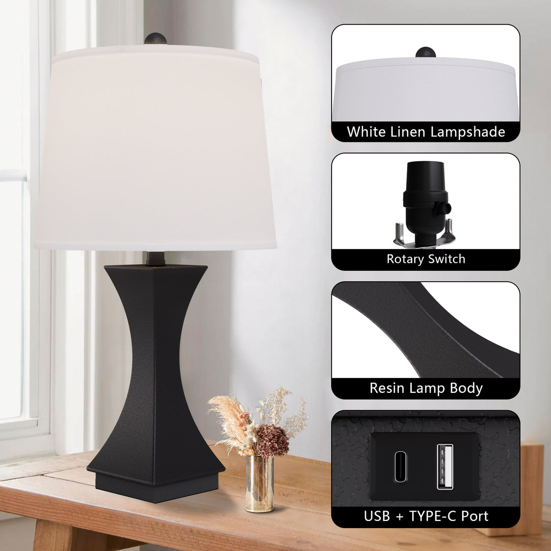 24.5'' Modern Dimmable Resin Table Lamp With Usb Port For Living Room/Bedroom