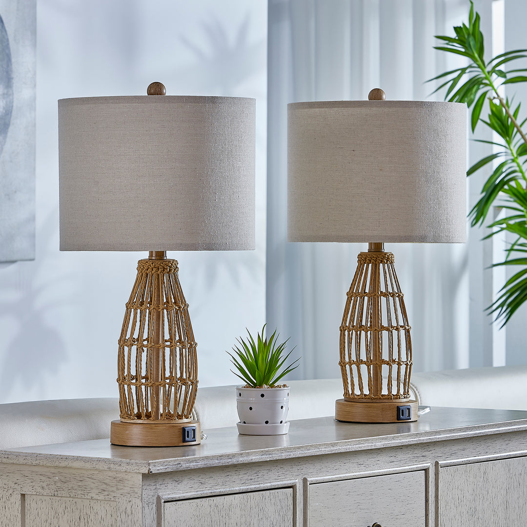 20.5'' Country Paper Rope Bedside Table Lamp For Living Room/Bedroom (Set of 2)#T247