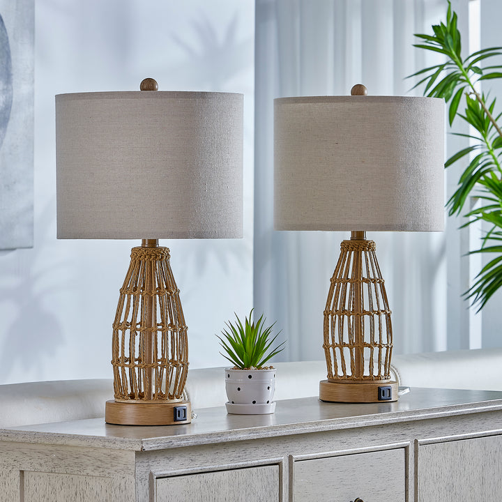 20.5'' Country Paper Rope Bedside Table Lamp For Living Room/Bedroom (Set of 2)#T247-WG