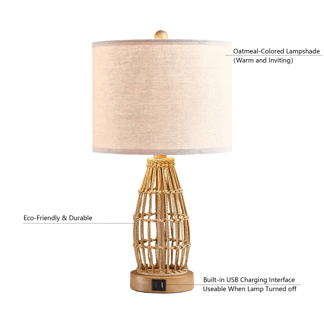 20.5'' Country Paper Rope Bedside Table Lamp For Living Room/Bedroom (Set of 2)#T247-WG