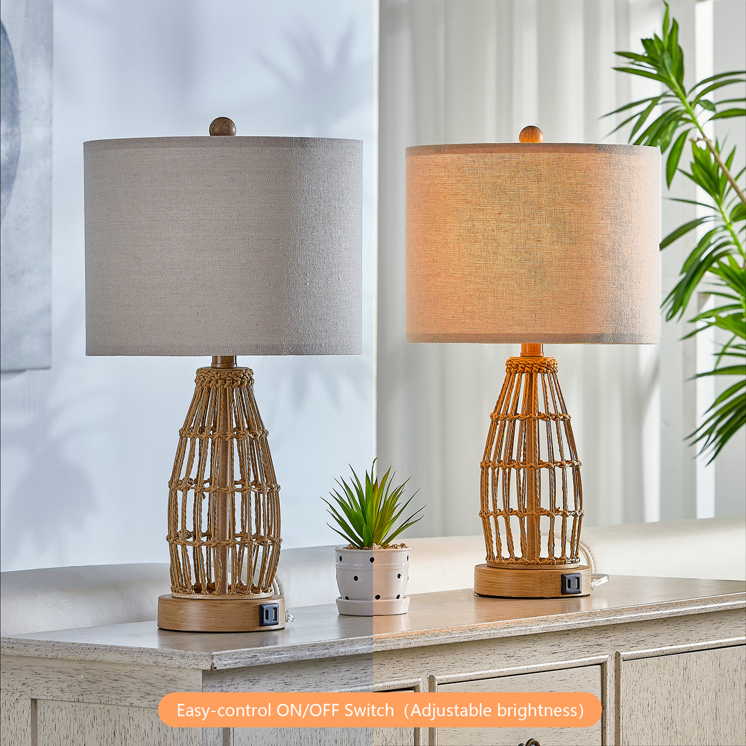 20.5'' Country Paper Rope Bedside Table Lamp For Living Room/Bedroom (Set of 2)#T247