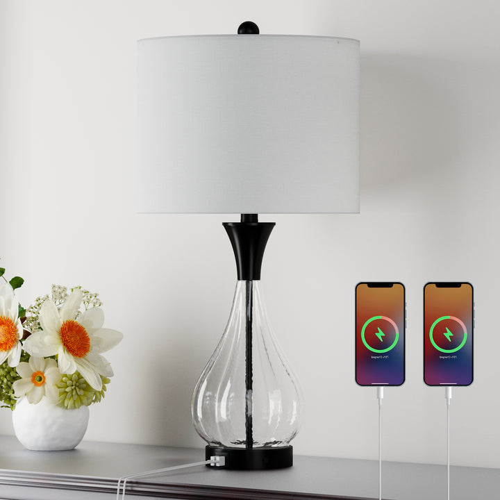 26" Glass And Metal Modern Table Lamp With Usb Ports For Living Room/bedroom #T251