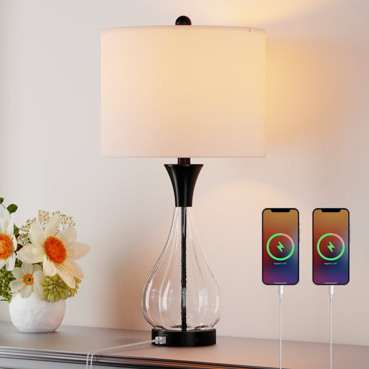 26" Glass And Metal Modern Table Lamp With Usb Ports For Living Room/bedroom #T251