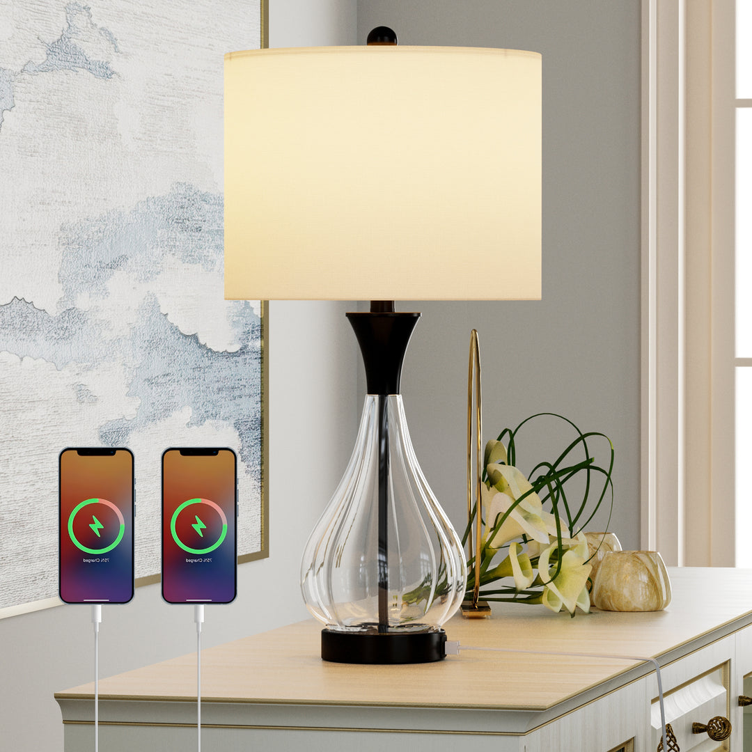 26" Glass And Metal Modern Table Lamp With Usb Ports For Living Room/bedroom #T251