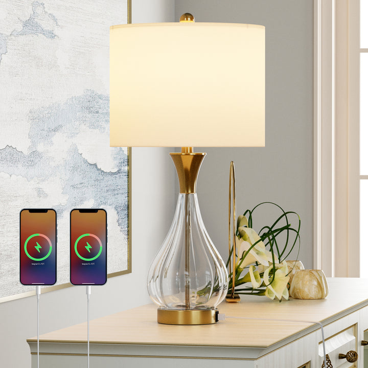 26" Glass And Metal Modern Table Lamp With Usb Ports For Living Room/bedroom #T251