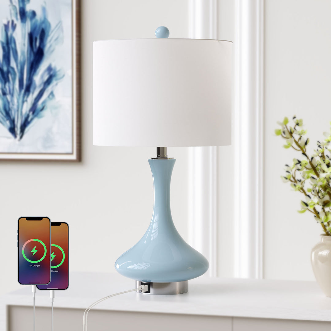 Aura 23.5'' Modern Blue Ceramic Table Lamp With USB Ports For Living Room/Bedroom #T252