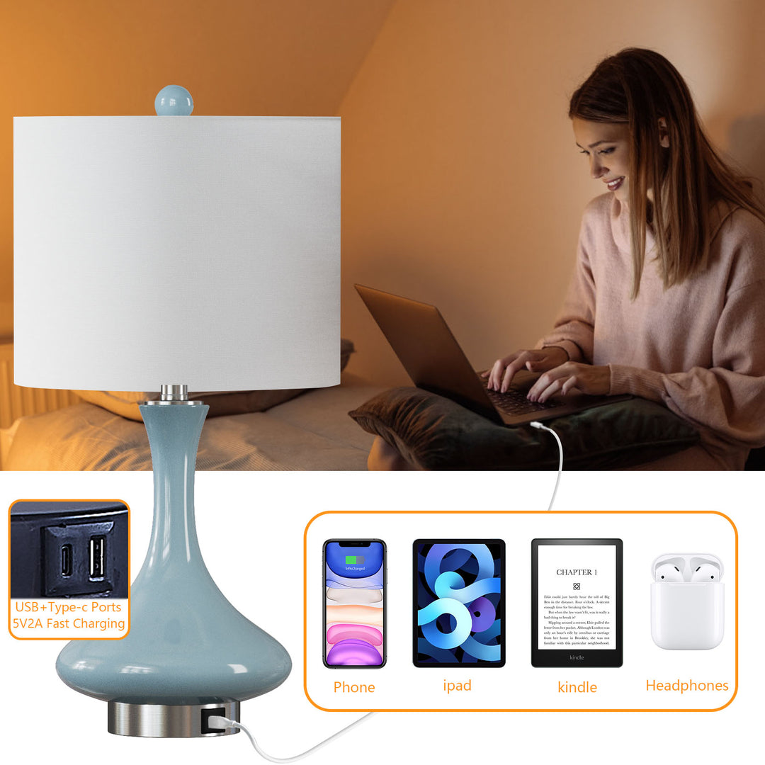 23.5'' Modern Blue Ceramic Table Lamp With Usb Ports For Living Room/Bedroom