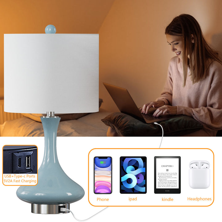 Aura 23.5'' Modern Blue Ceramic Table Lamp With USB Ports For Living Room/Bedroom #T252