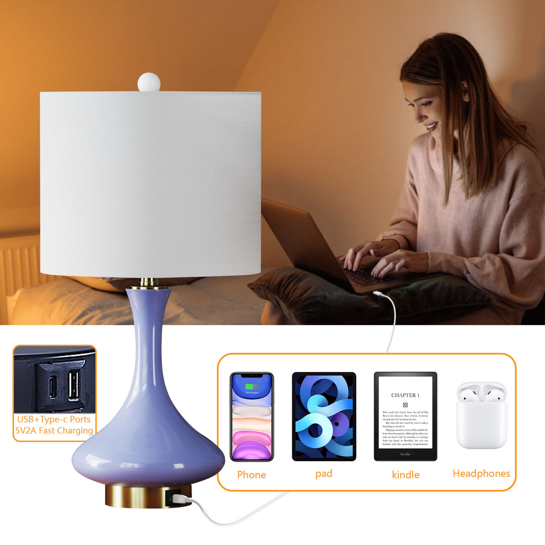 Aura 23.5'' Modern Blue Ceramic Table Lamp With USB Ports For Living Room/Bedroom #T252