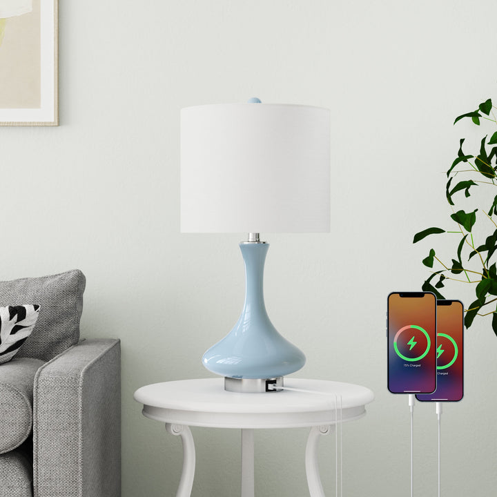 Aura 23.5'' Modern Blue Ceramic Table Lamp With USB Ports For Living Room/Bedroom #T252