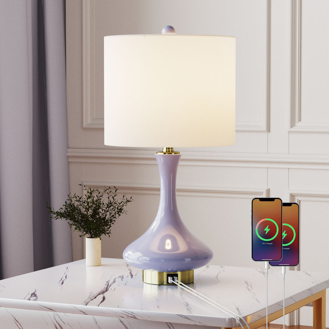 23.5'' Modern Blue Ceramic Table Lamp With Usb Ports For Living Room/Bedroom