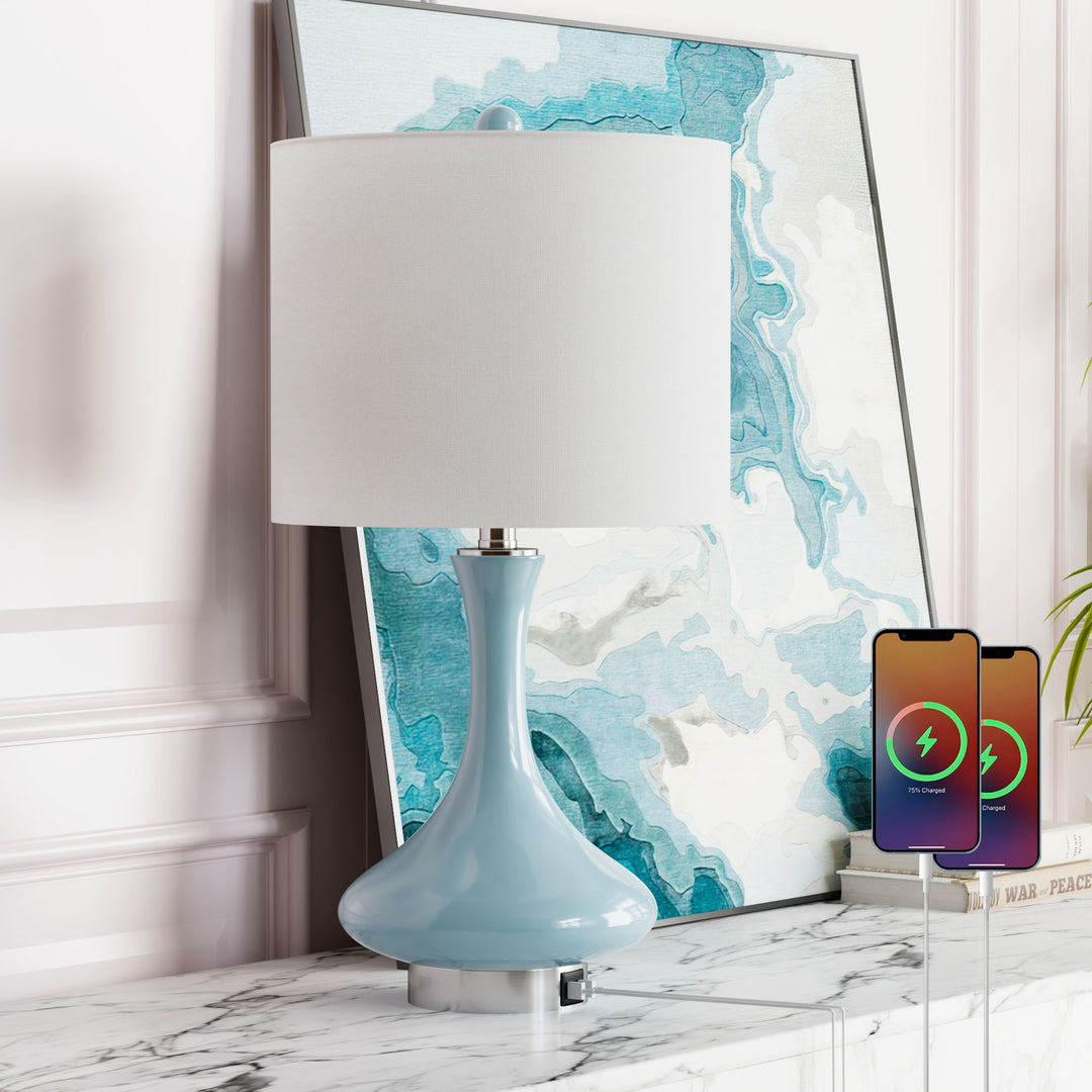 23.5'' Modern Blue Ceramic Table Lamp With Usb Ports For Living Room/Bedroom