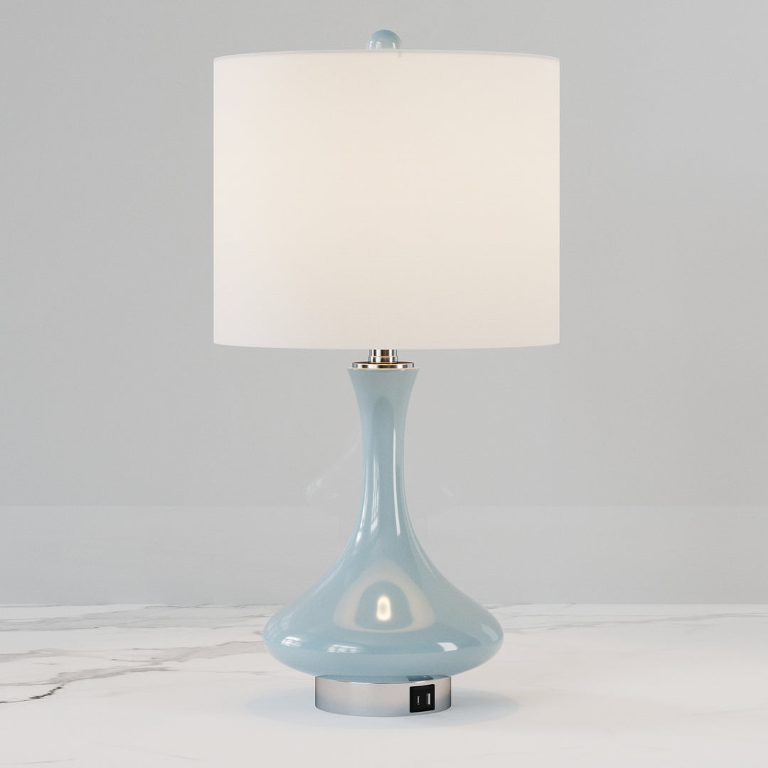 23.5'' Modern Blue Ceramic Table Lamp With Usb Ports For Living Room/Bedroom