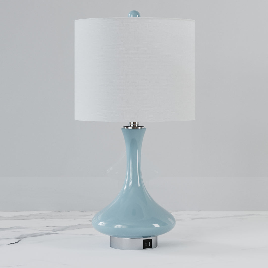 23.5'' Modern Blue Ceramic Table Lamp With Usb Ports For Living Room/Bedroom