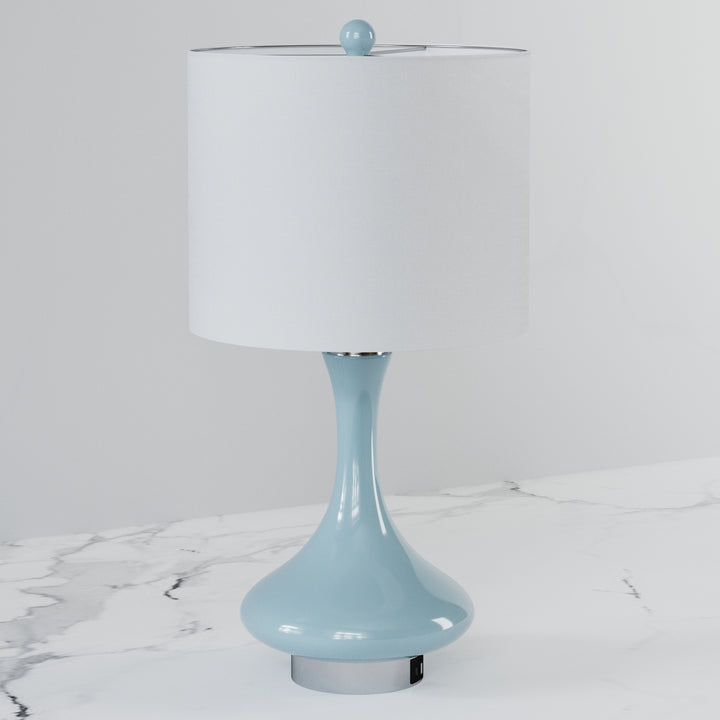 23.5'' Modern Blue Ceramic Table Lamp With Usb Ports For Living Room/Bedroom