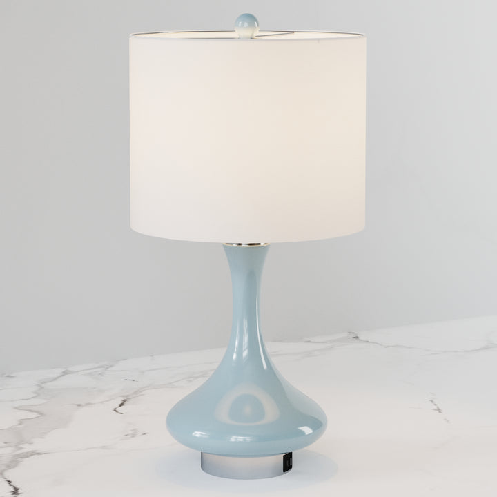 23.5'' Modern Blue Ceramic Table Lamp With Usb Ports For Living Room/Bedroom