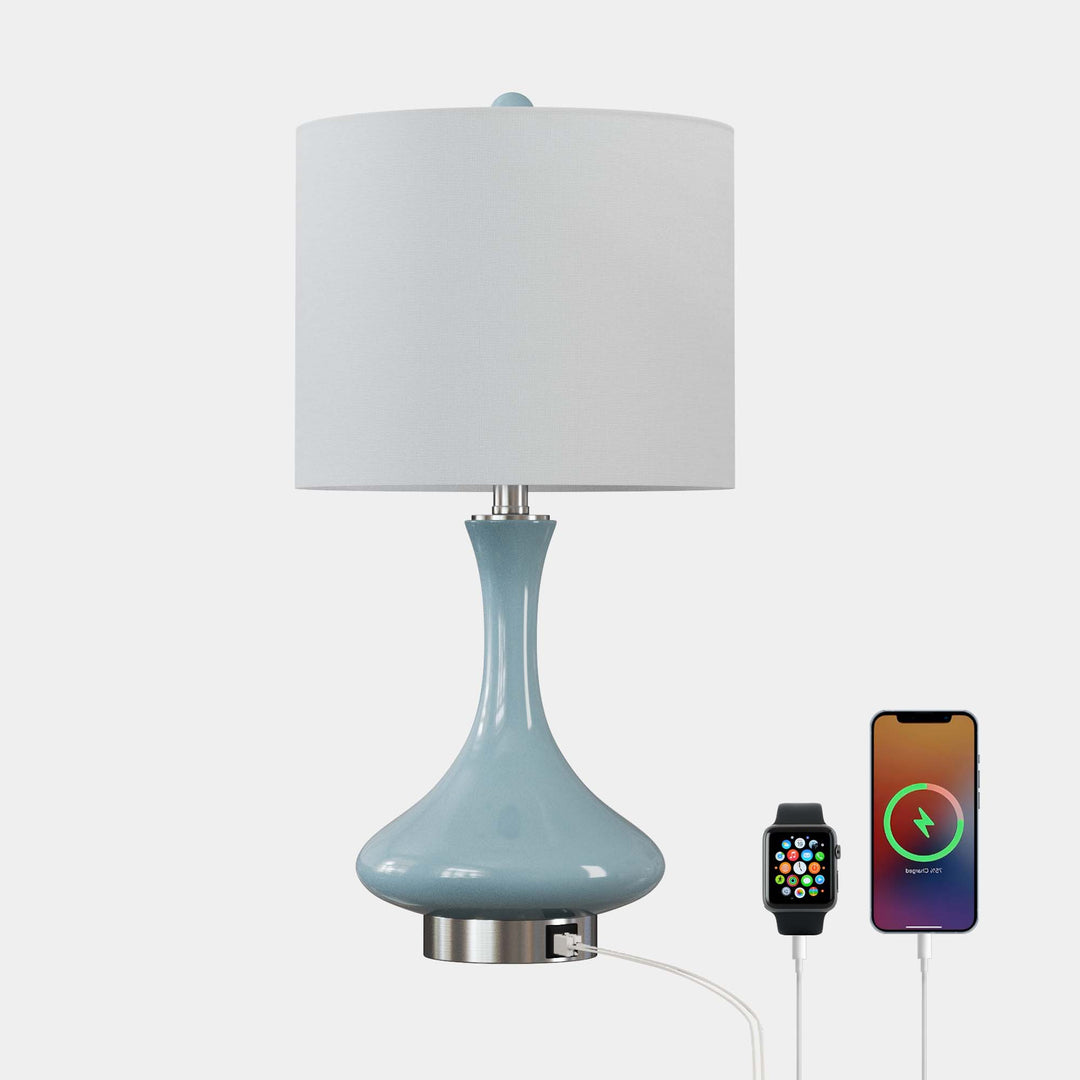 23.5'' Modern Blue Ceramic Table Lamp With Usb Ports For Living Room/Bedroom