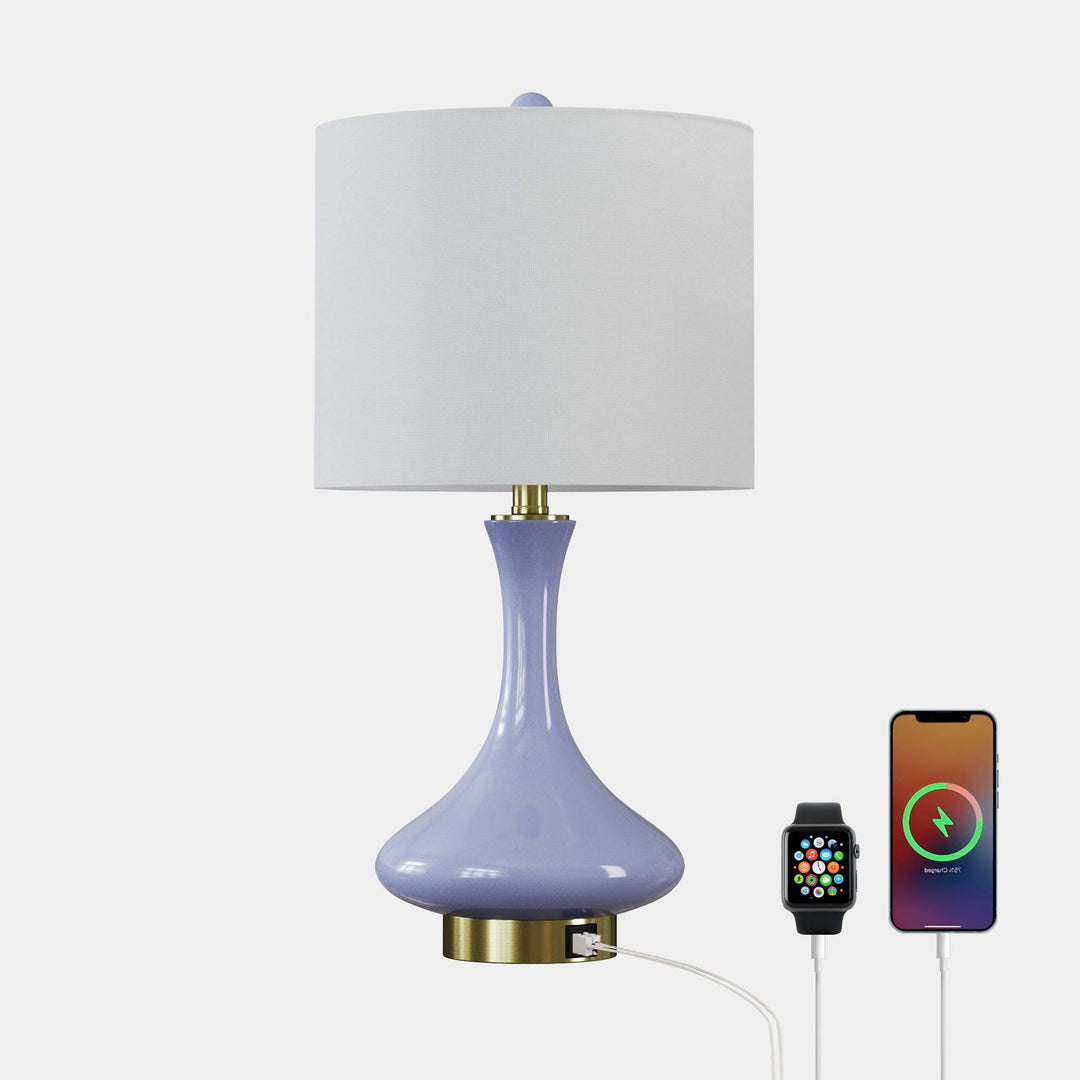 Aura 23.5'' Modern Blue Ceramic Table Lamp With USB Ports For Living Room/Bedroom #T252