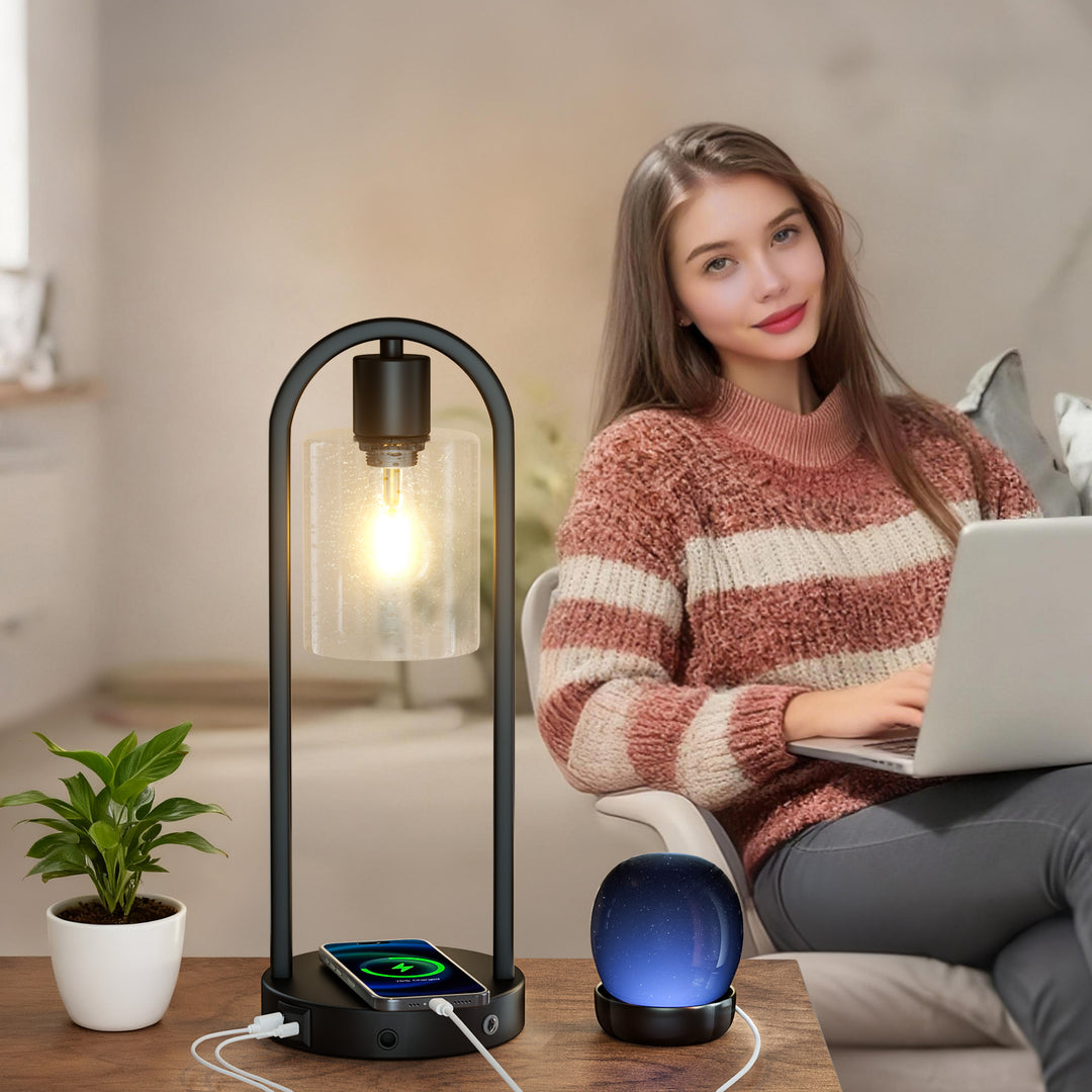 Lustre 16" Small Black Metal & Glass Table Lamp (touch Control) - Mcm Modern Funky Accent Table Lamps For Bedroom Nightstand/desk, Living Room & Nursery #T277