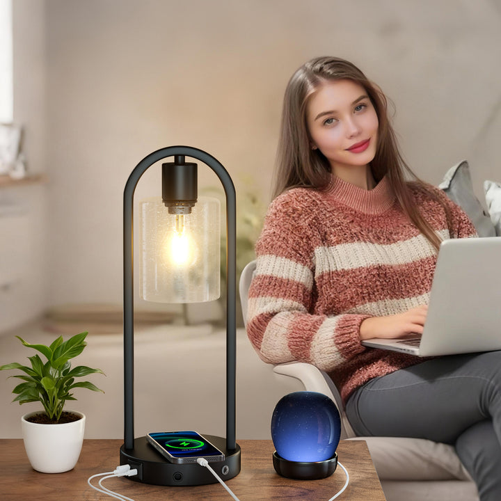 Lustre 16" Small Black Metal & Glass Table Lamp (touch Control) - Mcm Modern Funky Accent Table Lamps For Bedroom Nightstand/desk, Living Room & Nursery #T277