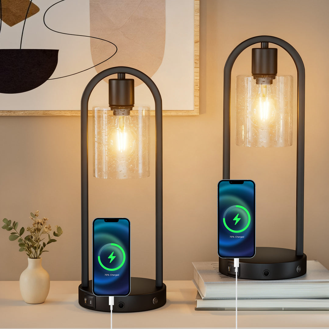 Lustre 16" Small Black Metal & Glass Table Lamp (touch Control) - Mcm Modern Funky Accent Table Lamps For Bedroom Nightstand/desk, Living Room & Nursery #T277