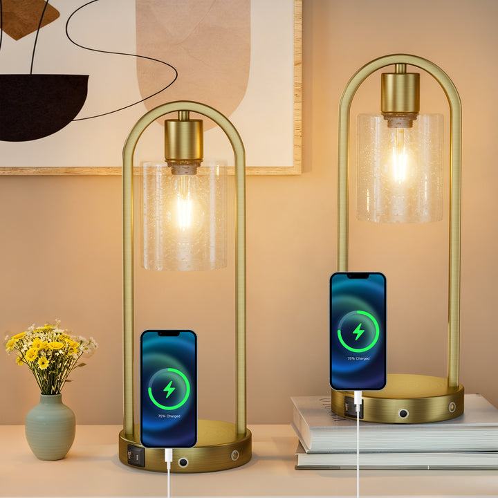 Lustre 16" Small Black Metal & Glass Table Lamp (touch Control) - Mcm Modern Funky Accent Table Lamps For Bedroom Nightstand/desk, Living Room & Nursery #T277