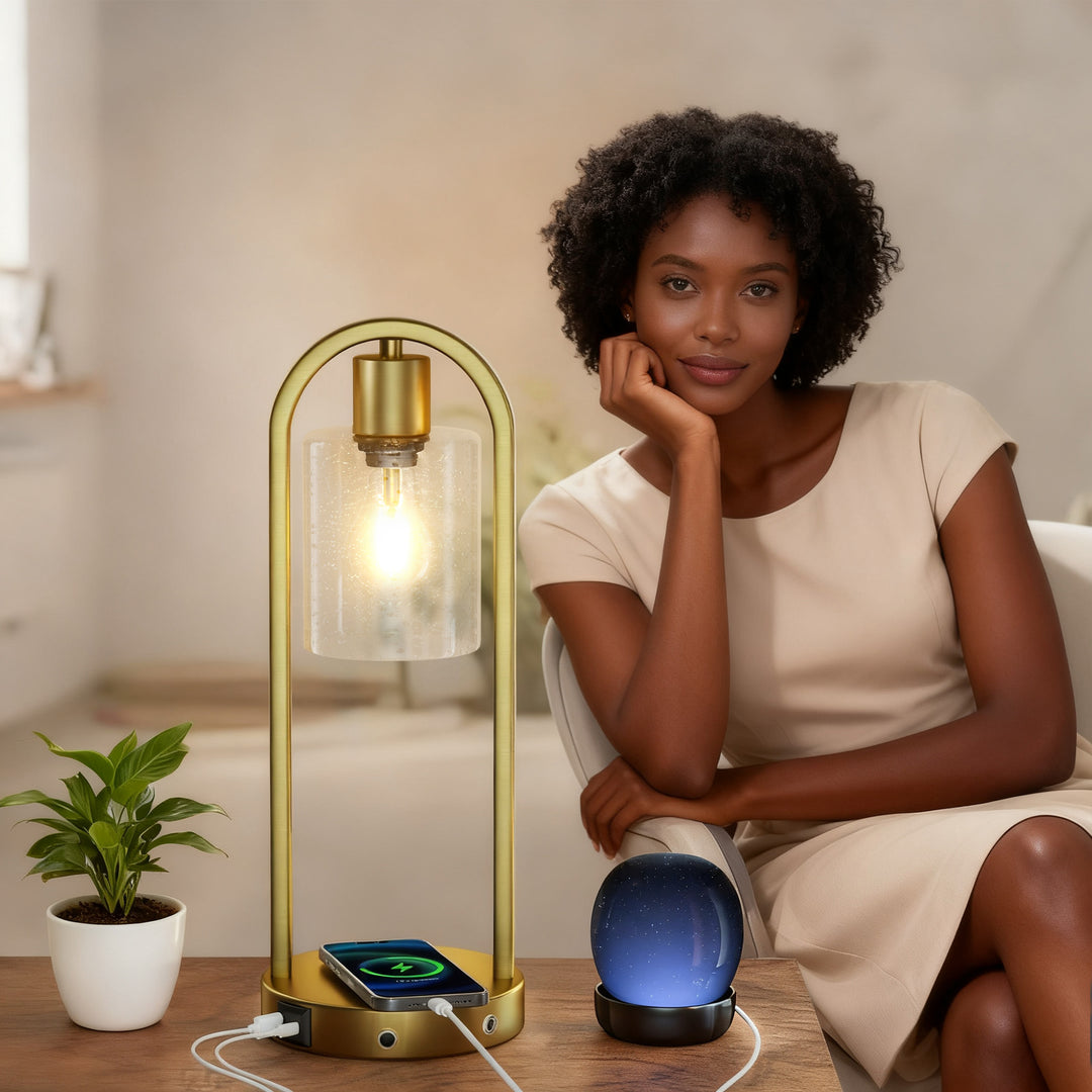 Lustre 16" Small Black Metal & Glass Table Lamp (touch Control) - Mcm Modern Funky Accent Table Lamps For Bedroom Nightstand/desk, Living Room & Nursery #T277