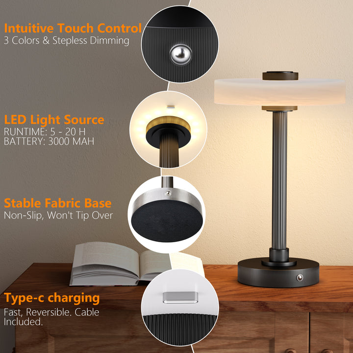 Vista 12" Rechargeable Led Table Lamp With Touch Control, 3-Level Dimming, Type-C Charging For Bedroom, Living Room & Desk #T280