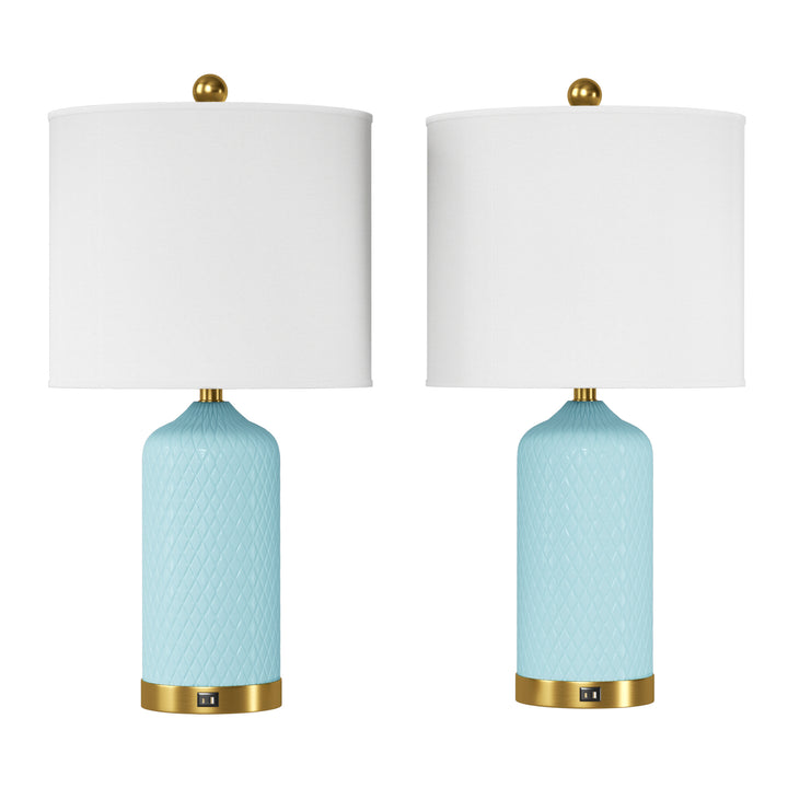 Sculpt 22" Modern Ceramic Table Lamp With Usb And Type-C Charging Polished Gold Base For Bedroom,Nightstand And Living Room (Set of 2) #T284