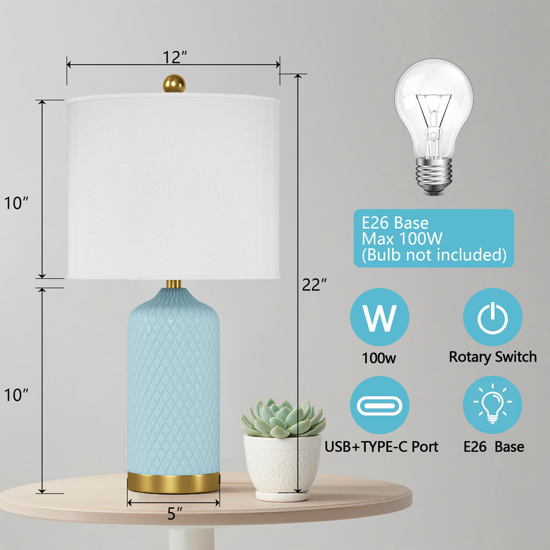 Sculpt 22" Modern Ceramic Table Lamp With Usb And Type-C Charging Polished Gold Base For Bedroom,Nightstand And Living Room (Set of 2) #T284