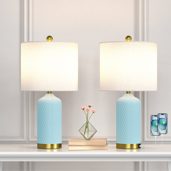 Sculpt 22" Modern Ceramic Table Lamp With Usb And Type-C Charging Polished Gold Base For Bedroom,Nightstand And Living Room (Set of 2) #T284