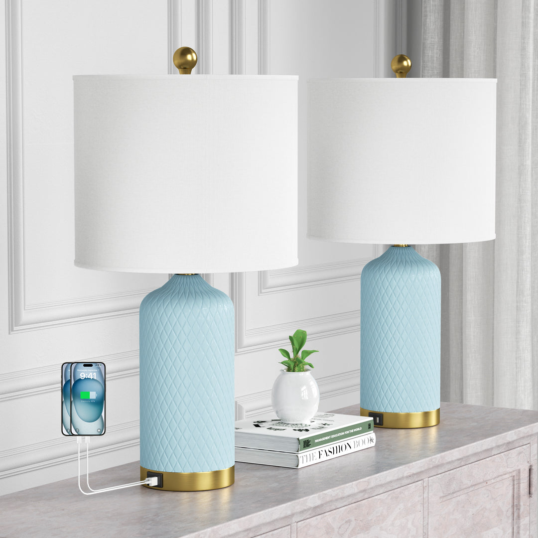 Sculpt 22" Modern Ceramic Table Lamp With Usb And Type-C Charging Polished Gold Base For Bedroom,Nightstand And Living Room (Set of 2) #T284