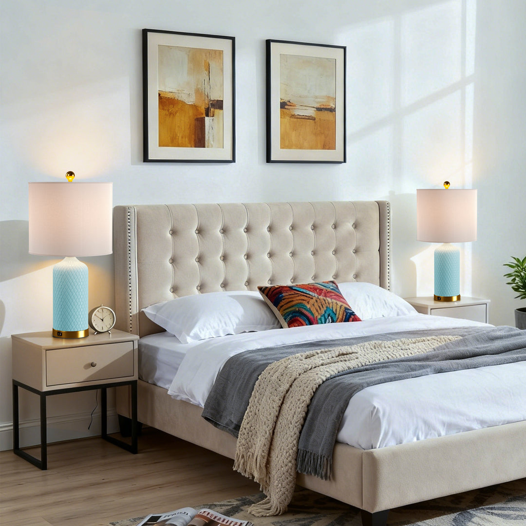Sculpt 22" Modern Ceramic Table Lamp With Usb And Type-C Charging Polished Gold Base For Bedroom,Nightstand And Living Room (Set of 2) #T284