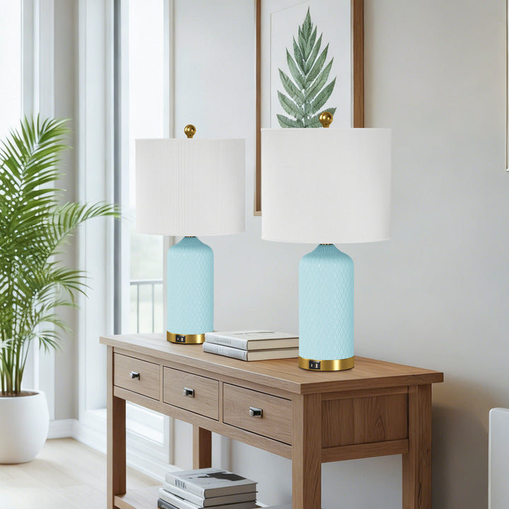 Sculpt 22" Modern Ceramic Table Lamp With Usb And Type-C Charging Polished Gold Base For Bedroom,Nightstand And Living Room (Set of 2) #T284