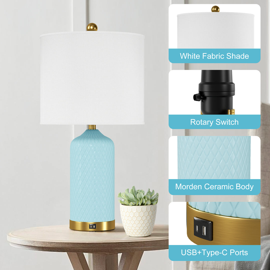 Sculpt 22" Modern Ceramic Table Lamp With Usb And Type-C Charging Polished Gold Base For Bedroom,Nightstand And Living Room (Set of 2) #T284