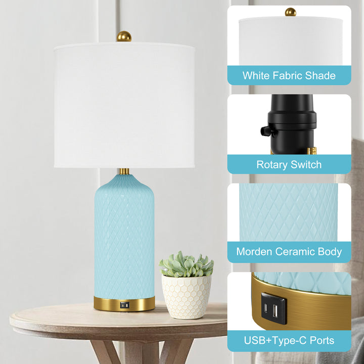 Sculpt 22" Modern Ceramic Table Lamp With Usb And Type-C Charging Polished Gold Base For Bedroom,Nightstand And Living Room (Set of 2) #T284