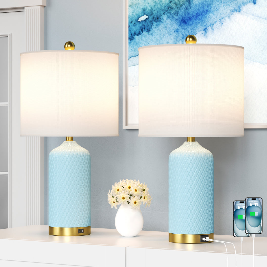 Sculpt 22" Modern Ceramic Table Lamp With Usb And Type-C Charging Polished Gold Base For Bedroom,Nightstand And Living Room (Set of 2) #T284