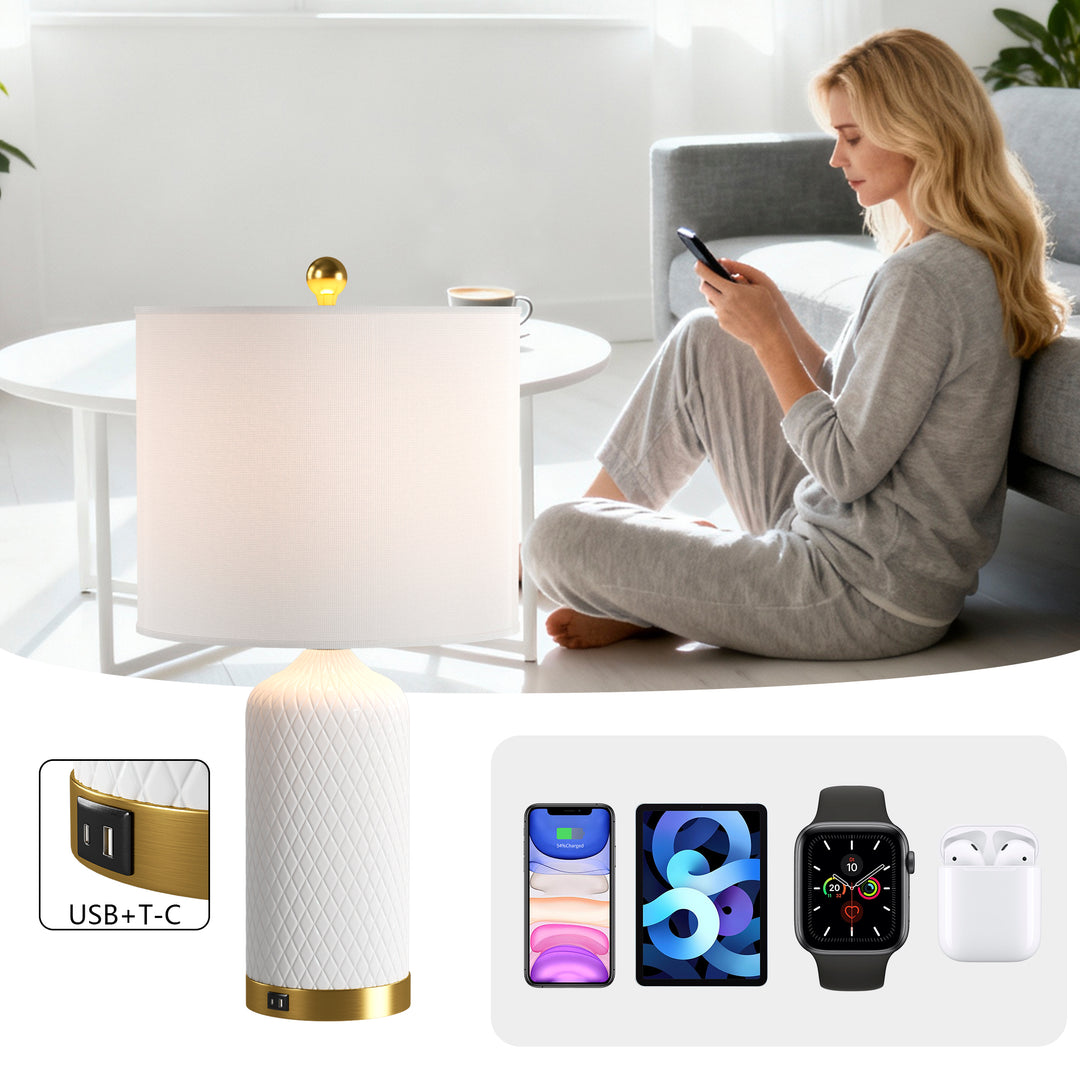 Sculpt 22" Modern Ceramic Table Lamp With Usb And Type-C Charging Polished Gold Base For Bedroom,Nightstand And Living Room (Set of 2) #T284