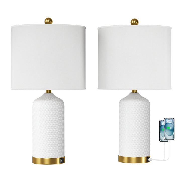 Sculpt 22" Modern Ceramic Table Lamp With Usb And Type-C Charging Polished Gold Base For Bedroom,Nightstand And Living Room (Set of 2) #T284