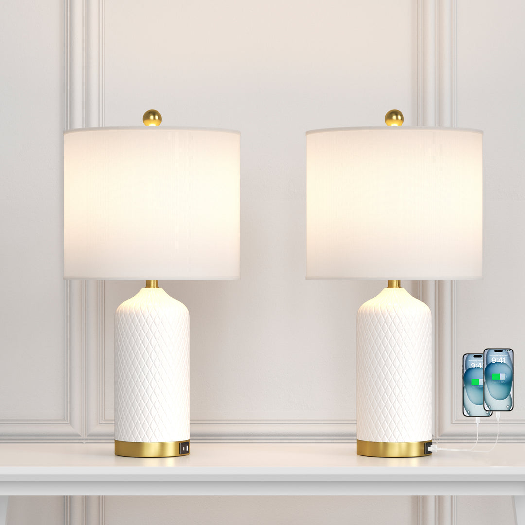 Sculpt 22" Modern Ceramic Table Lamp With Usb And Type-C Charging Polished Gold Base For Bedroom,Nightstand And Living Room (Set of 2) #T284