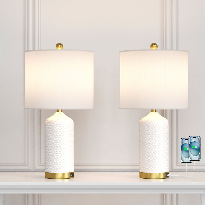 Sculpt 22" Modern Ceramic Table Lamp With Usb And Type-C Charging Polished Gold Base For Bedroom,Nightstand And Living Room (Set of 2) #T284