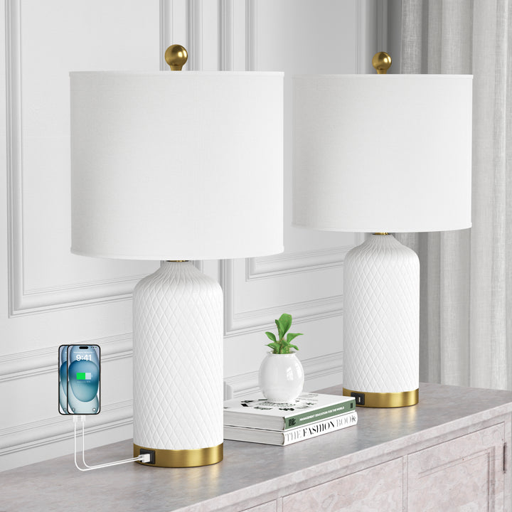 Sculpt 22" Modern Ceramic Table Lamp With Usb And Type-C Charging Polished Gold Base For Bedroom,Nightstand And Living Room (Set of 2) #T284