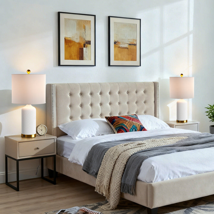 Sculpt 22" Modern Ceramic Table Lamp With Usb And Type-C Charging Polished Gold Base For Bedroom,Nightstand And Living Room (Set of 2) #T284