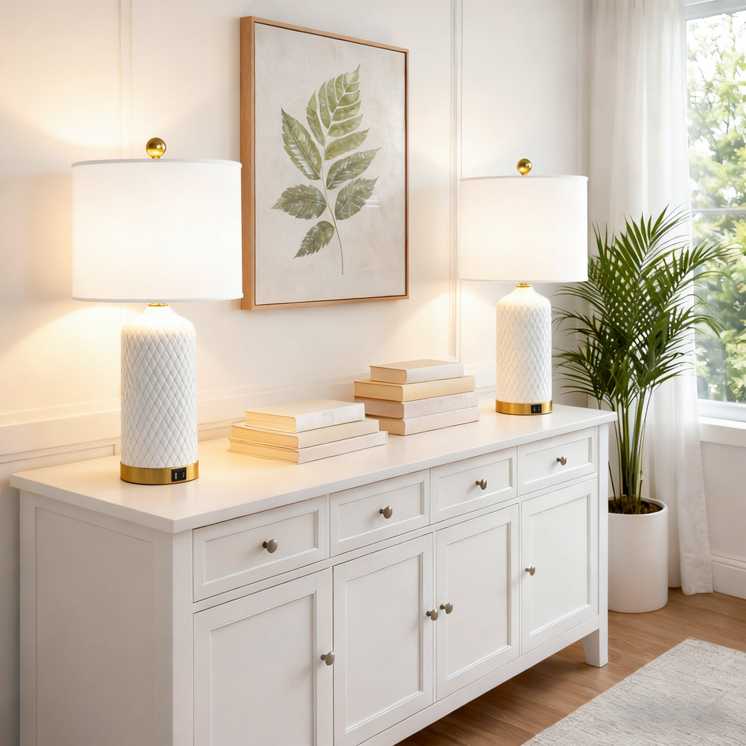 Sculpt 22" Modern Ceramic Table Lamp With Usb And Type-C Charging Polished Gold Base For Bedroom,Nightstand And Living Room (Set of 2) #T284